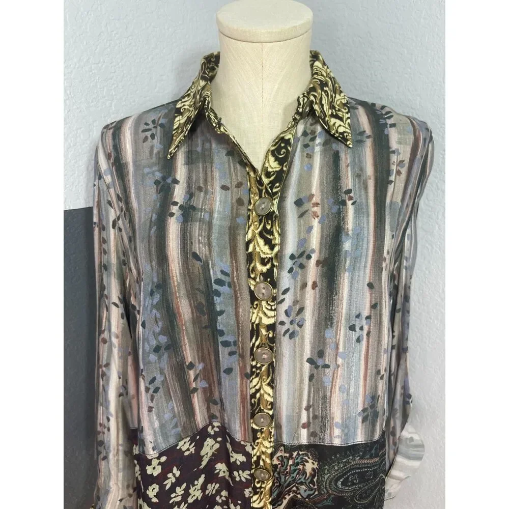 John Mark PM Mixed Print Patchwork Tunic Roll Tab Button Down Blouse Bird Artsy - Picture 3 of 14